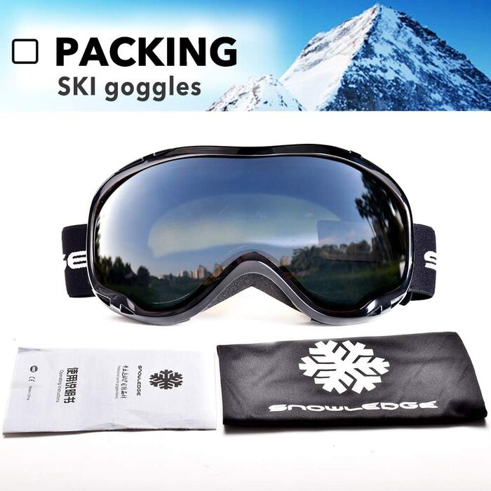 Лижна маска Snowledge для жінок і чоловіків, подвійна лінза OTG, UV400, антифог, вітрозахист, для сноуборду, лиж, мотоциклу, велосипеда, шолом-сумісна, чорна/сіра (VLT 14%) HB-167