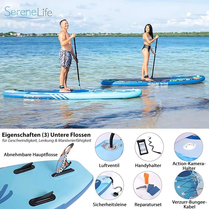 Надувна SUP-дошка SereneLife Blue Wave з аксесуарами – комплект для дітей і дорослих, антиковзке покриття, насос, весло, сумка для перенесення