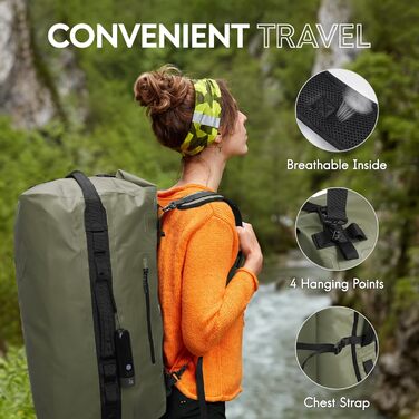 Водонепроникний рюкзак Haimont 60L, RollTop, для пляжу, човнів, каяків, кемпінгу, риболовлі та мотоциклів (армійний зелений)