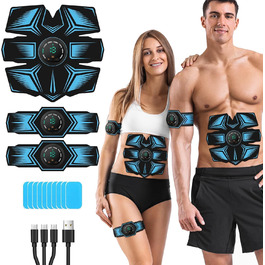 Електричний тренажер для пресу EMS, пристрій для стимуляції м'язів, USB-зарядка, 8 режимів тренування та 19 рівнів інтенсивності для пресу, рук, стегон та ніг, для жінок та чоловіків (блакитний)
