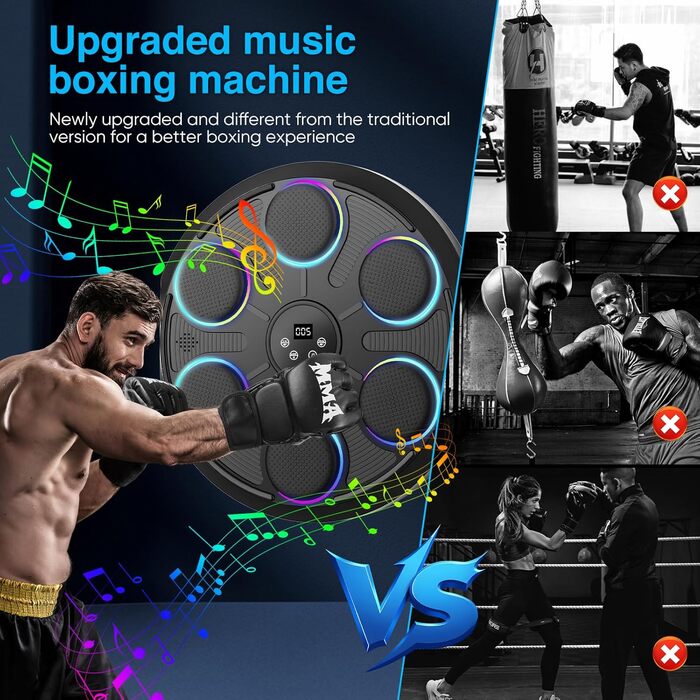 Музична боксерська машина з LED підсвіткою та Bluetooth, настінна, з рукавичками, 9 режимів швидкості, для дітей та дорослих