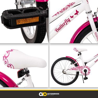 Детский велосипед Actionbikes Butterfly, 20 дюймов, V-Brake тормоза, защита от грязи спереди и сзади, для девочек 6-9 лет, белый/розовый