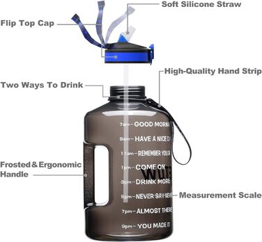 Спортивна пляшка для води 3,78 л з позначками часу та трубочкою, BPA Free, витокозахисна, чорна
