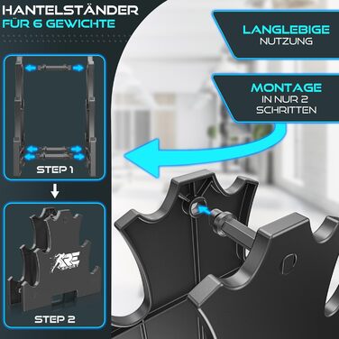 Набір гантелей Hantel-Set: 1 кг - 5 кг, 12 кг або 18 кг зі стійкою та 3 еластичні стрічки. Нековзкі неопренові гантелі для жінок та чоловіків. Кольори: пурпурний, туманно-сірий, чорний (18 кг)