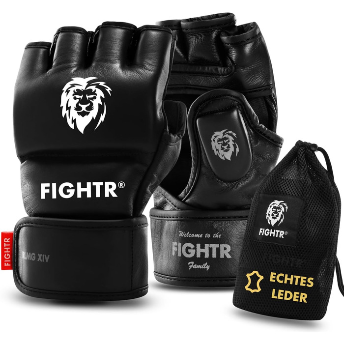FIGHTR Pro MMA рукавички зі справжньої шкіри для греплінгу, спарингів, тренувань, кікбоксингу, муай тай, боксу, мішка, лап, для чоловіків і жінок, з сумкою, розмір S, чорні