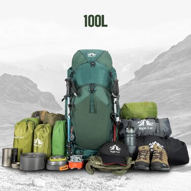 Рюкзак Night Cat 100 л зелений Plus для туризму, трекінгу, альпінізму, кемпінгу, велосипедних подорожей, чоловічий та жіночий, дихаючий, легкий