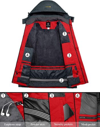 Чоловіча зимова куртка GEMYSE для катання на лижах, тепла, вітронепроникна, водонепроникна, дихаюча, з багатою кишенями, червоно-сіра, розмір M