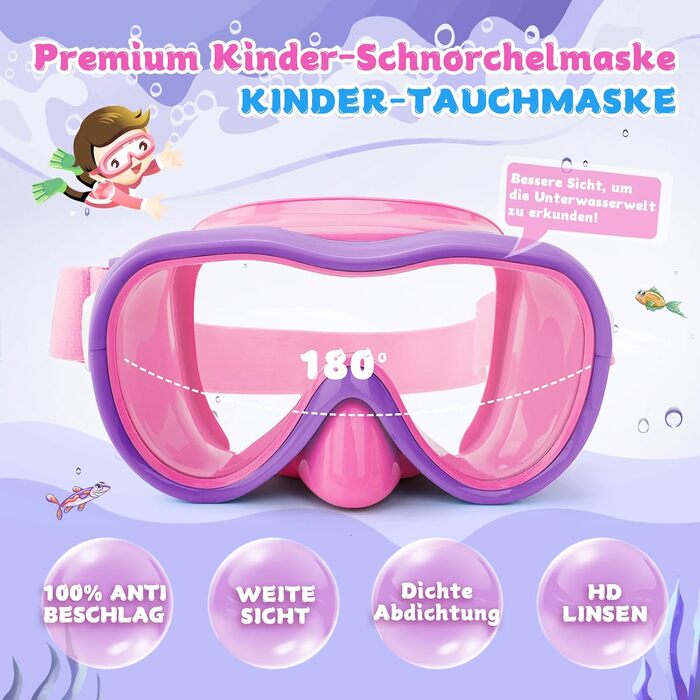 Дитяча маска для плавання WAVE Kinder з антифогом, рожево-ліловий, з еластичним ремінцем та захистом від УФ-променів