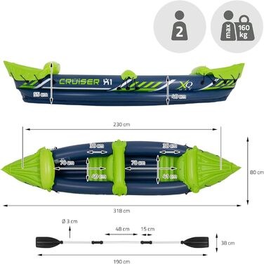 Надувний каяк ECD Germany Cruiser X1 для 2 осіб, човен для риболовлі та відпочинку, універсальний надувний байдарка-каное, різні моделі