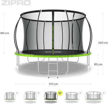 ZIPRO JumpPro Premium Трамплін для дітей Outdoor, садова модель з сіткою, стійкий до погодних умов, захист від УФ-випромінювання, легка збірка, вантажопідйомність до 150 кг, діаметр 252/312/374/435/496 см (10'/12'/15'/17'/20')