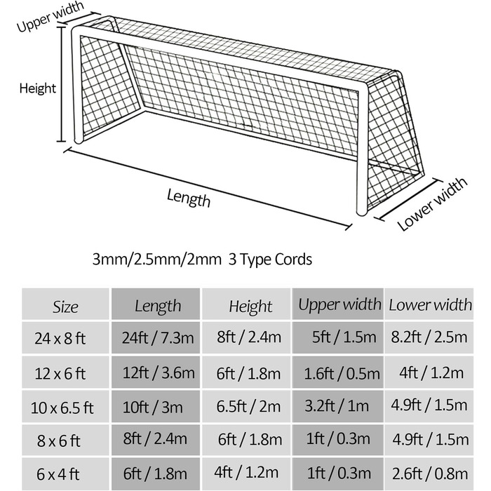 Сітка для футбольних воріт Aoneky 7,3x2,4/4,9x2,1/3,6x1,8/3x2/2,4x1,8/1,8x1,2 м, змінна, аксесуар для тренувань, без воріт, 2мм, біла