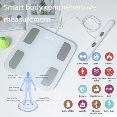 Fitdays Розумна вага для аналізу тіла - 8 електродів, точна цифрова вага BMI з Bluetooth, 20+ показників, синхронізація для 6 користувачів (FG2001B-A-біла)