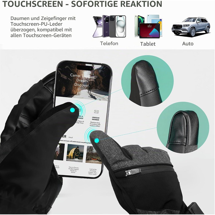 Водонепроникні гірськолижні рукавички Unigear з 3M Thinsulate, сенсорні (Touchscreen), унісекс, чорно-сірі