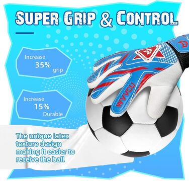 Воротарські рукавички WVVOU для дітей та підлітків, футбольні, подвійний захист, супер зчеплення (Blue, 4)
