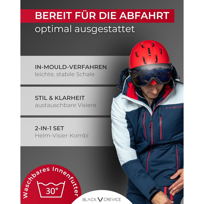 Шолом гірськолижний BLACK CREVICE Kirchberg з візором та вентиляційними отворами - дихаючий шолом для чоловіків та жінок (чорний/сріблястий, 0 = S (51-53 см))