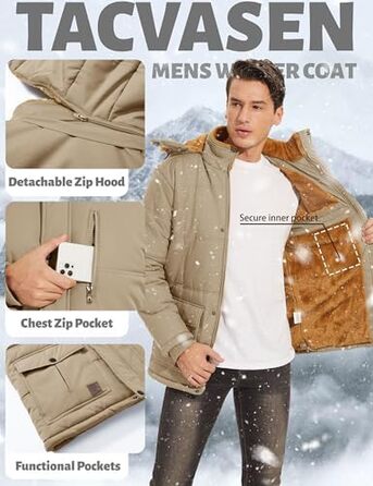 TACVASEN чоловіча зимова куртка: водонепроникна, вітрозахисна, з капюшоном, тепла стьобана куртка (S, Хакі)