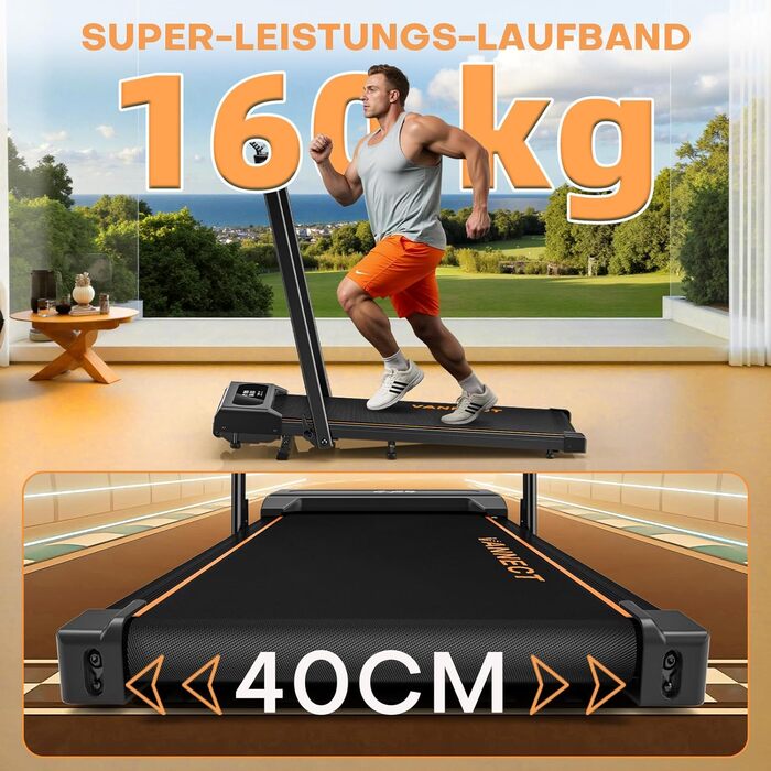 VANNECT Walking Pad - складане бігове полотно для дому, 1-12 км/год, кут нахилу 9%, LCD-дисплей, дистанційне керування, 150 кг, помаранчеве