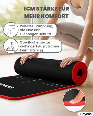 Килимок для йоги Unycos з неслизькою поверхнею | Висока щільність 6/10/15 мм, фітнес-килимок для гімнастики з ременем для перенесення【включено E-Book】Шкірно-дружній килимок для пілатесу, тренувань, спортзалу (#17 Чорний + Червоний, 183*66*1 см)
