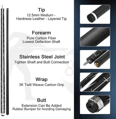 Професійний більярдний кий Billardqueue з карбону, низький перехід, з кейсом та аксесуарами, 12.5 мм наконечник, 147.3 см, 567-595 г