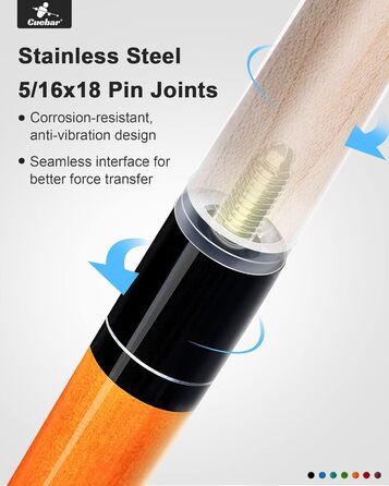 CUEBAR Більярдні кий для дорослих, 147 см, 2 частини, ручка з екошкіри, різні кольори (7 кольорів), вага 510-595 г