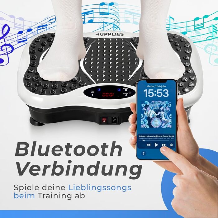 Вібраційна платформа JUPPLIES з 5 режимами тренувань та 5 еластичними стрічками - тренажер для дому, для нарощування м'язів та спалювання жиру, тиха та неслизька з Bluetooth та пультом дистанційного керування
