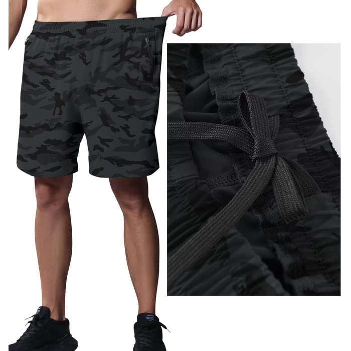 Шорти спортивні чоловічі HMIYA, шорти для бігу, дихаючі, з кишенею на блискавці, камуфляж сірий (6XL)