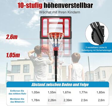 Баскетбольний кошик GOPLUS вуличний з підставкою, регульована висота 105-260 см, портативний баскетбольний стенд на колесах для дітей та підлітків