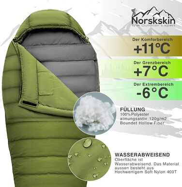 Спальний мішок Mumienschlafsack Norskskin Ultralight 220 Grün (-6°C) екстремальний, з'єднуваний, з відділенням для подушки, лівосторонній блискавка