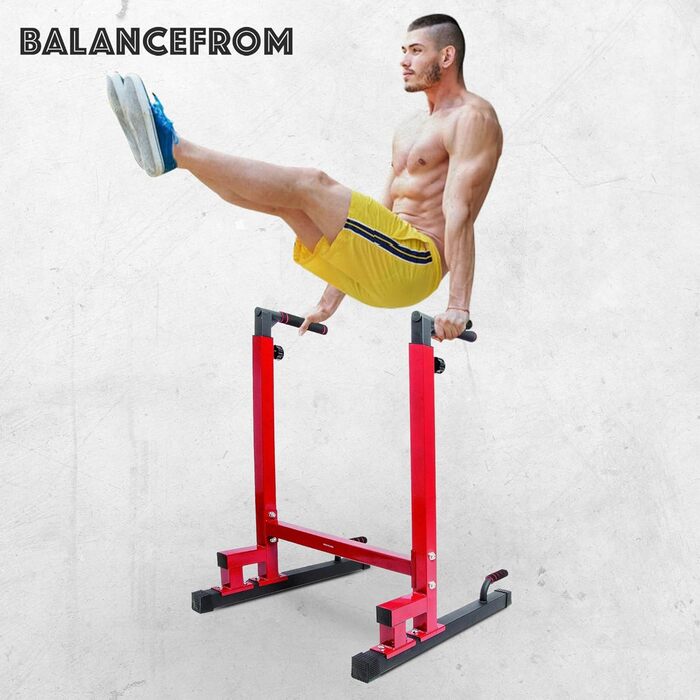 BalanceFrom багатофункціональний дип-стенд, станція для віджимань, турнік, посилена конструкція, навантаження до 227 кг, червоний