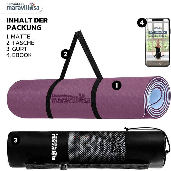 Килимок для гімнастики та йоги з неслизькою поверхнею, з чохлом та E-book, 183x61 см, Мандала фіолетовий