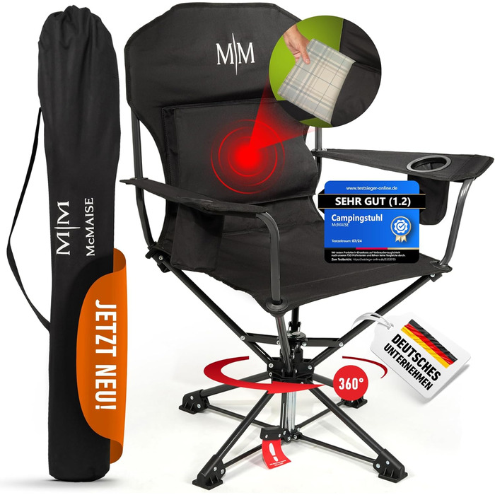 Складний туристичний стілець McMAISE® чорного кольору, до 150 кг, з кишенею для подушки/термосу, 360° обертання