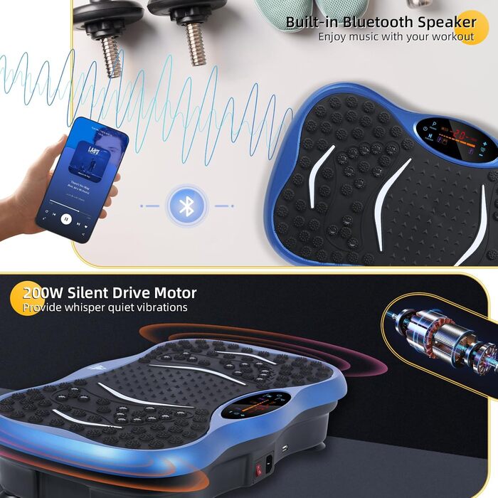 Віброплатформа Evolve для фітнесу з Bluetooth, 5 режимів, 2 гумові еспандери, обладнання для дому, блакитна