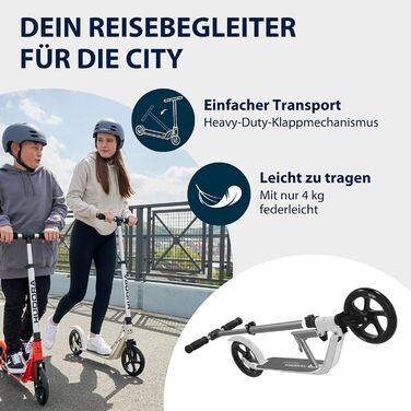 HUDORA BigWheel Pure Scooter: Скутер з алюмінієвої рами, регульованої висоти, складний, до 100 кг, для підлітків та дорослих (білий)