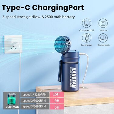 Термос-пляшка HandFan з нержавіючої сталі, 350 мл, синя, ізольована, BPA-free, для газованої води, спортивна, для велосипеда, школи та фітнесу