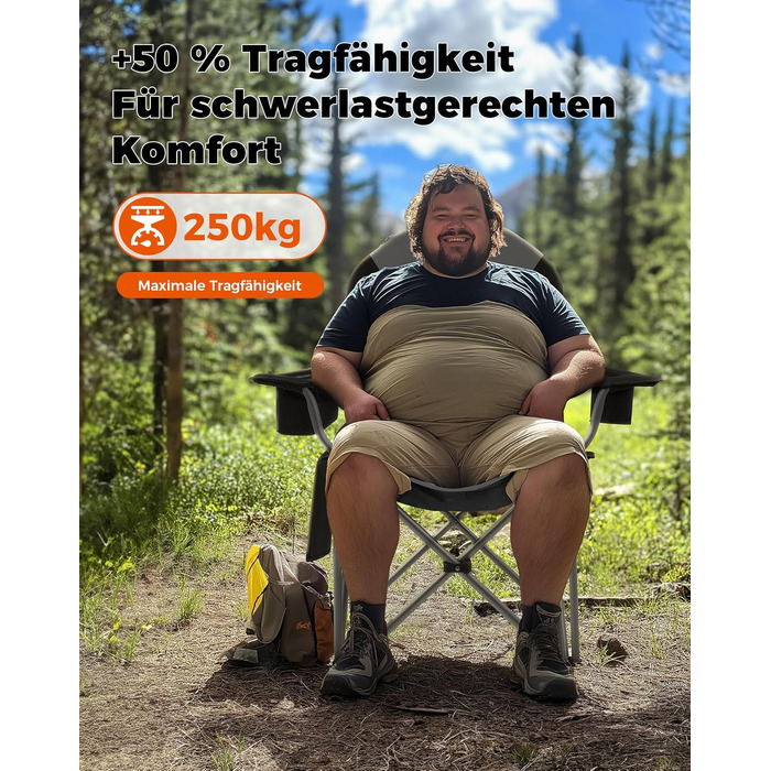 Кемпінгове крісло KingCamp XXL складане ергономічне до 250 кг з підтримувачем попереку та сумкою-холодильником, чорне/сіре