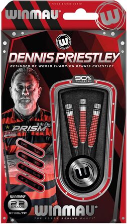 Дартс WINMAU Dennis Priestley, 22 г, професійний, вольфрамовий, сталевий наконечник, комплект з оперенням і шафтами