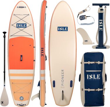 Надувна SUP-дошка ISLE Pioneer з комплектом: рюкзак, насос, весло, страховочний шнур, 3-плавникова система, для початківців, дизайн Каліфорнія