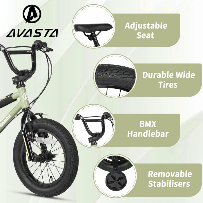 Дитяче велосипед BMX AVASTA 12/14/16 дюймів з додатковими колесами та підставкою для дітей 1-8 років, різні кольори, армійний зелений 16 дюймів