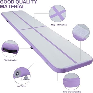 Гімнастичний мат Air Track для тумблінгу та йоги з електричним насосом, водонепроникний та протиковзний, фіолетовий (300x100x10 см)