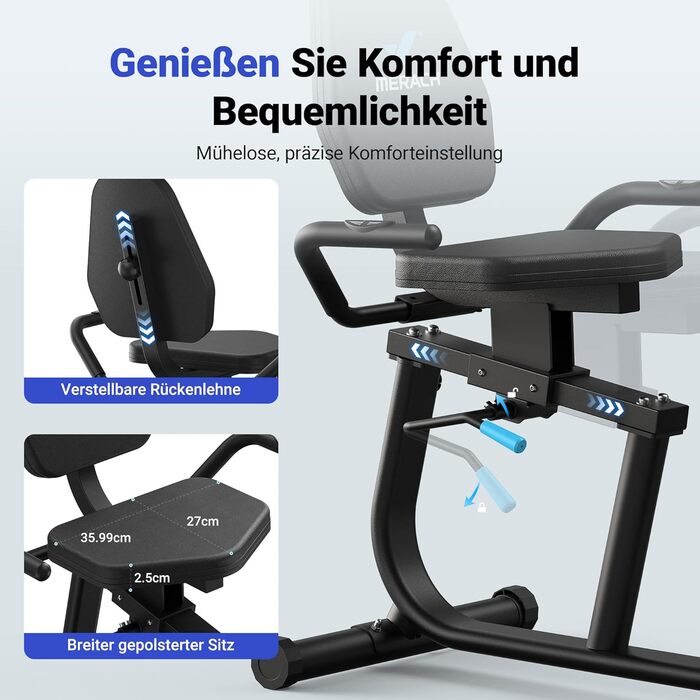 Велотренажер MERACH Liegeergometer для дому з 8 рівнями регулювання опору, Bluetooth, LCD-дисплеєм, датчиками пульсу та регульованою спинкою, чорний