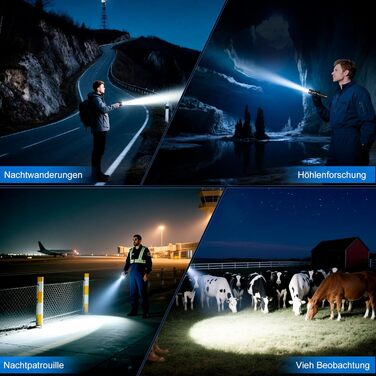 Тактичний ліхтарик LED 50000 люмен, USB-C, 24 години роботи, Zoom, 5 режимів, IP67, водонепроникний, для кемпінгу та туризму, чорний