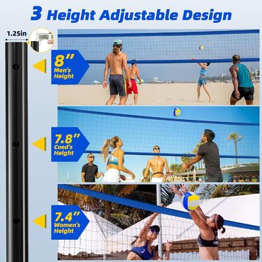 Набір для волейболу на відкритому повітрі: сітка, регульовані стійки, анти-саг дизайн. У комплекті: фіксуюча пластина для пляжу, табло, лінія ворот та сумка для перенесення.