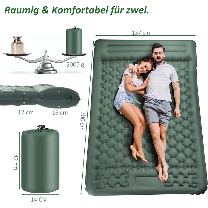 Кемпінговий килимок Jaztral самонадувний, 12 см, для відпочинку на природі, 137x200 см (подвійний).