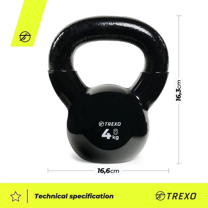 Гиря TREXO 4-16 кг з вініловим покриттям для фітнесу, професійна гантеля для дому та спортзалу, чавунна