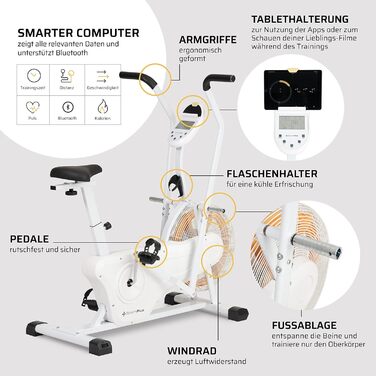 Велотренажер SportPlus Profi Air Bike з повітряним опором, сумісний з додатками, для HIIT, розумний комп’ютер, навантаження до 135 кг, новий дизайн