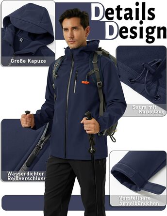 Чоловіча водонепроникна куртка TACVASEN Softshell з флісовою підкладкою, вітрозахисна та дихаюча похідна куртка з капюшоном для роботи та їзди на велосипеді, темно-синя, розмір L