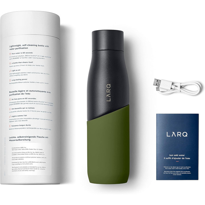 Пляшка LARQ Bottle Movement PureVis 710 мл – легка багаторазова нержавіюча пляшка для води з UV-очищенням, самостійним очищенням, для подорожей, чорна/зелена, гарантія 2 роки