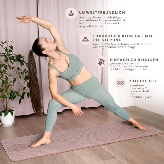 Йога-килимок Yogii 6 мм, протиковзкий TPE килимок для йоги, пілатесу та фітнесу з лініями розмітки, Nude / Старорожевий