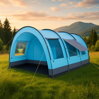 Намет CampFeuer Relax4 для 4 особи | Великий намет-тунель з просторим тамбуром, водовідштовхування 5000 мм | Знімний спальний модуль | Груповий, сімейний намет для кемпінгу, світло-блакитний/сірий