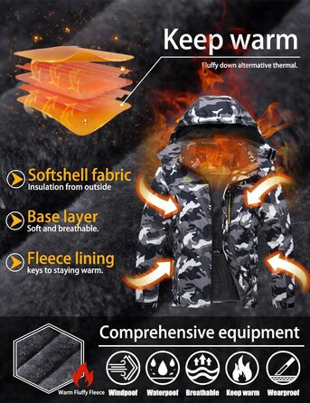 TACVASEN чоловіча тепла зимова куртка, водонепроникна функціональна куртка з капюшоном, армійний зелений (3XL, чорний камуфляж)